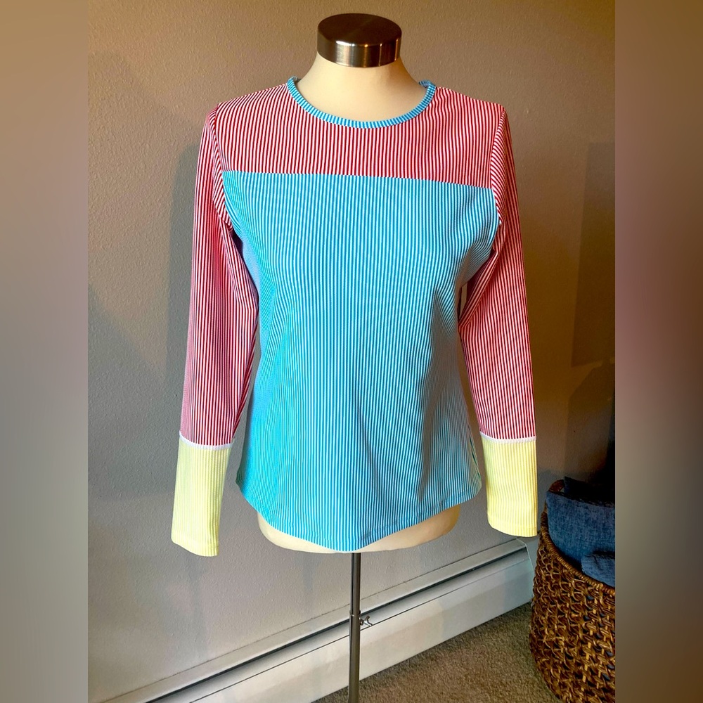 Land’s End new without tags swim tee small Turquoise, red, and yellow pinstripes